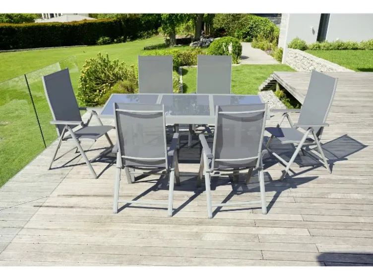 Alu-Set »Houston«, 7-teilig - Ausziehtisch & 6 Klappsessel, weiß