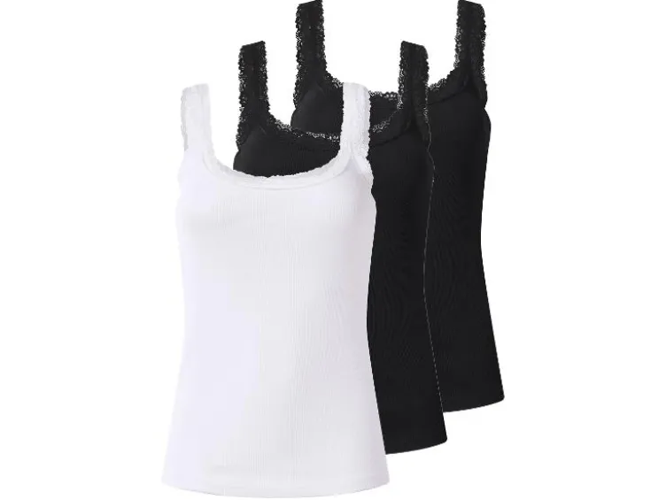 Damen Gerippte Tops mit Spitze, 3 Stück