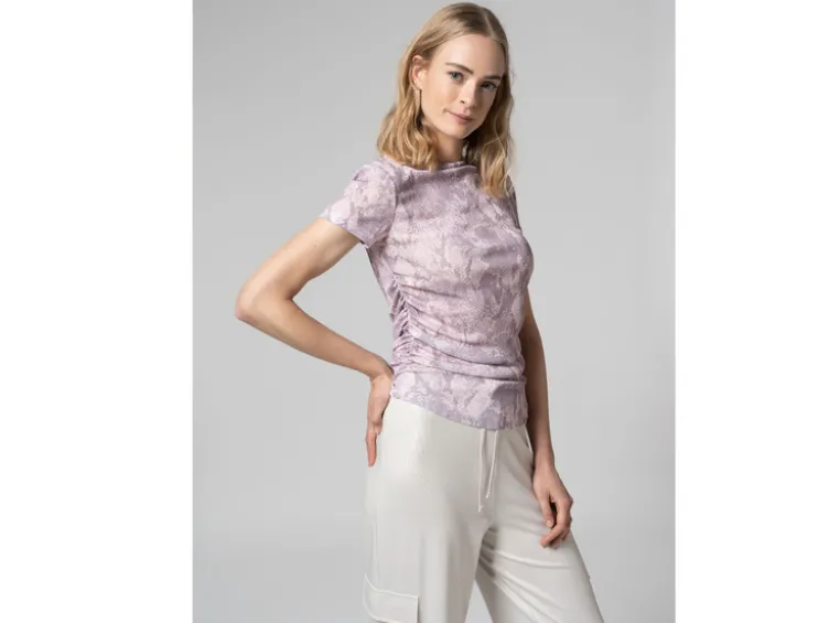 Damen Mesh-T-Shirt mit modischem Snake-Print, rosa