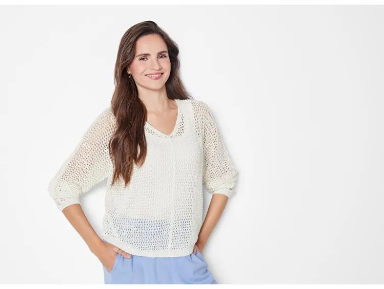 Damen Pullover, in modischem Lochstrickmuster