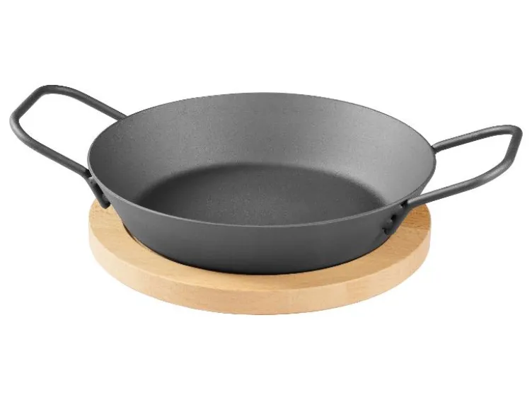 Ø 32 Eisen-Grillpfanne / Ø 28,5 Eisen-Grillpfanne mit perforiertem Boden / Ø 20 Eisen-Grillpfanne mit Servierbrett