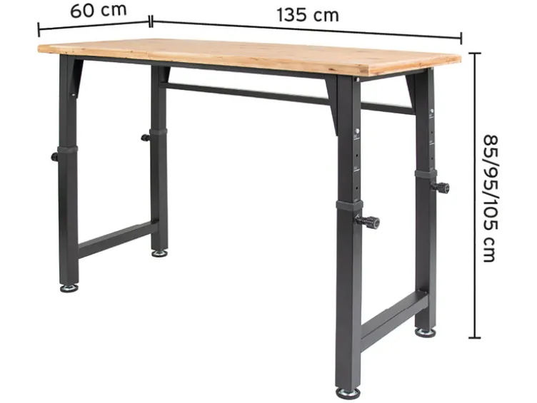 Höhenverstellbare Werkbank, B 135 X T 60 X H 85 - 105cm, 200kg Belastung, FSC 100%, Fichte