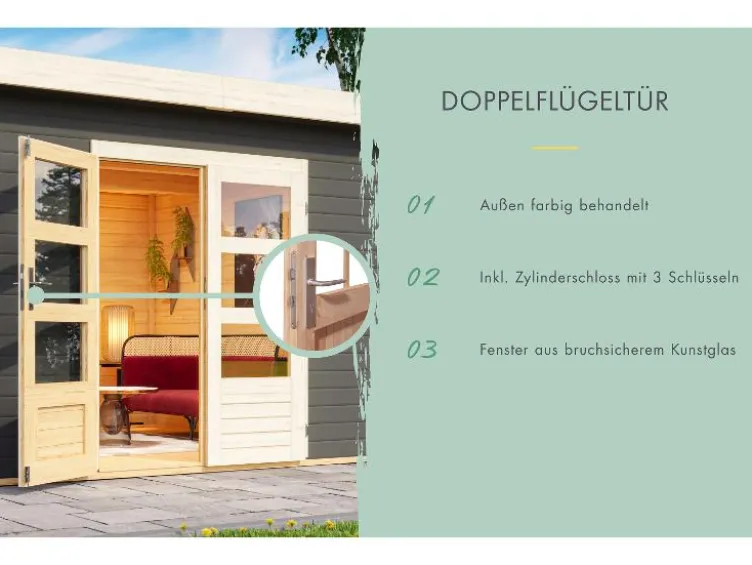 Karibu Gartenhaus »Carlos«, Satteldach, Witterungsschutz, Tür mit 3 Lichtausschnitten