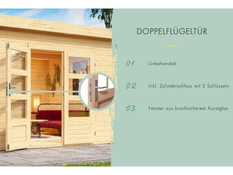 Karibu Gartenhaus »Carlos«, Satteldach, Witterungsschutz, Tür mit 3 Lichtausschnitten