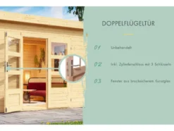 Karibu Gartenhaus »Carlos«, Satteldach, Witterungsschutz, Tür mit 3 Lichtausschnitten