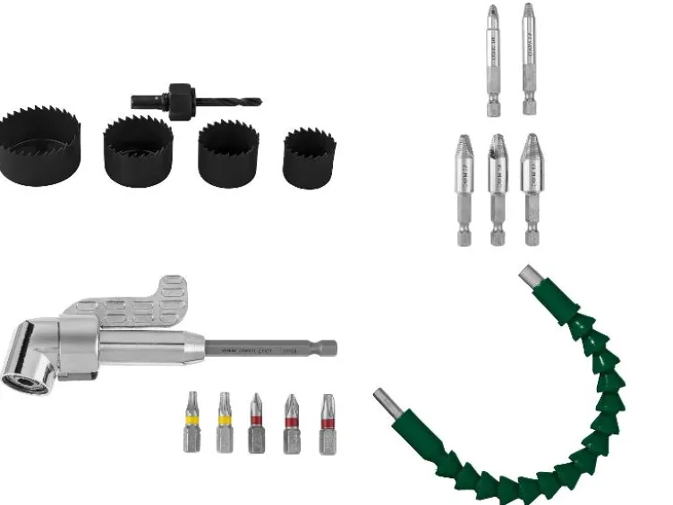 Lochsägen-Set / HSS-Schraubenausdreher / Winkel-Bithalter mit Bit-Set / Flexible Welle