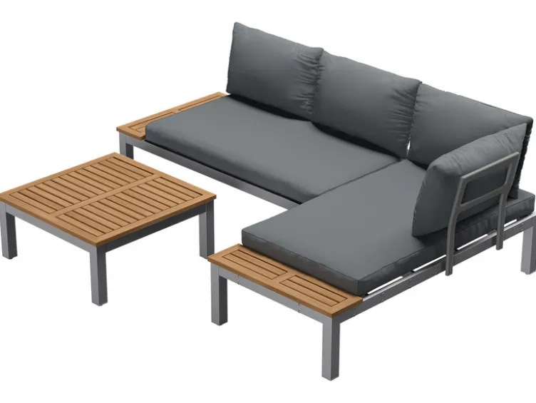 Loungeecke, 3-teilig, aus Alu und Holz, braun/grau