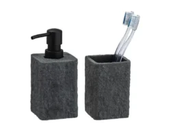 Seifenspender und Zahnputzbecher Villata, Grau, 2-teiliges Set