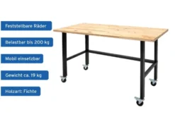Werkbank mit Rollen, B 140 X T 60 X H 84cm, 200kg Belastung, FSC 100%, Fichte